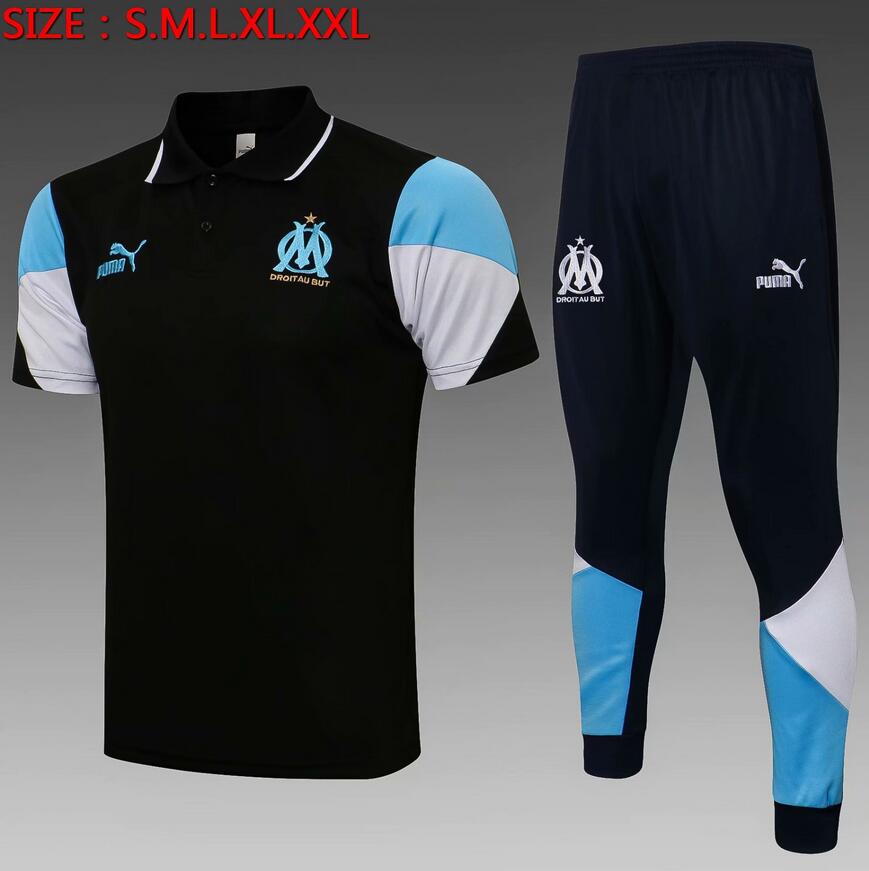 2021/22 Marseille Black Polo Kits Shirt + Pants